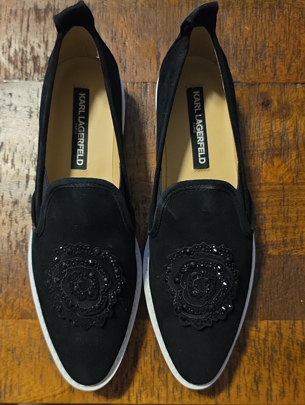 Karl Lagerfeld Black Suede Beaded Floral Slip-On Loafers with White Outsole